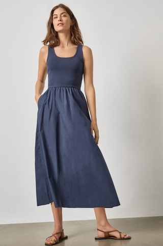 Mixed Media Scoop Neck Dress in Navy