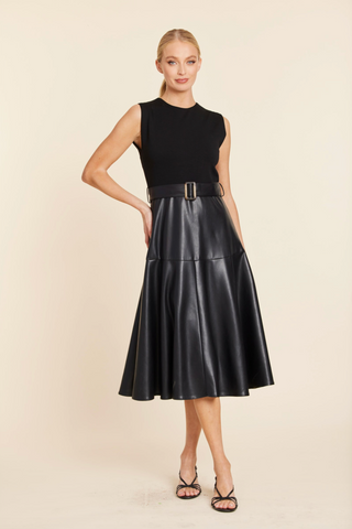 Mixed Media Circle Skirt Midi Dress in Black