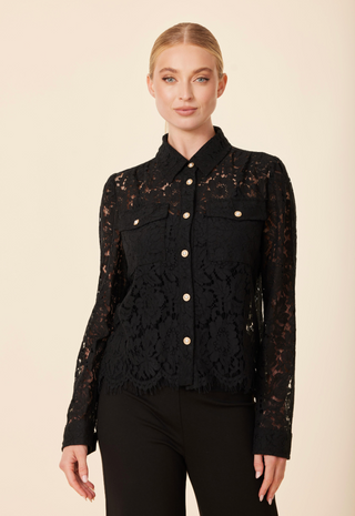 Lace Pearl Button Top - Black