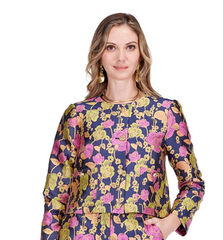 Pocket Button Crop Jacket - Vibrant Vines