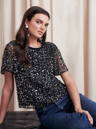 Natassia Tweed Bead Sequin Top