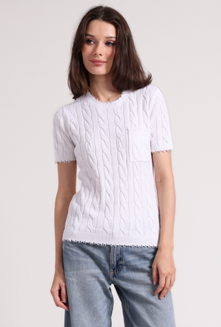 Cotton Frayed Cable Short Sleeve Tee W/ Pocket in White