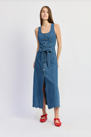 Sleeveless Scoop Neck Button Front Denim Midi Dress