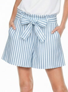 Belted Elastic Waist Short in Blue Stripe