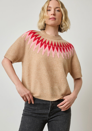 Short Sleeve Easy Fairisle Sweater - Camel Fairisle