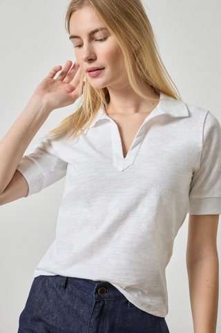 Elbow Sleeve Collared Split Neck in White