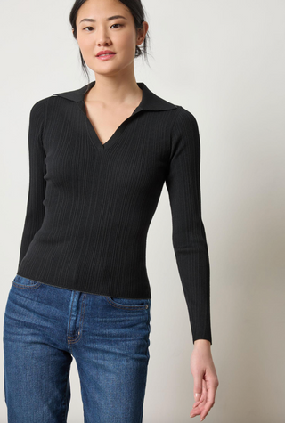 Long Sleeve Rib Henley Sweater - Black