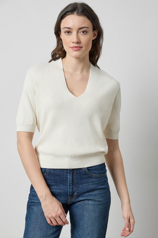 V-Neck Elbow Sleeve Sweater in Ivory