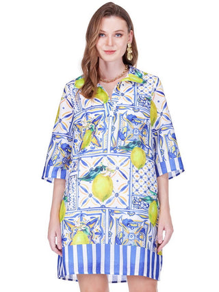 Placket Bell Sleeve Dress in Lemon Tiles