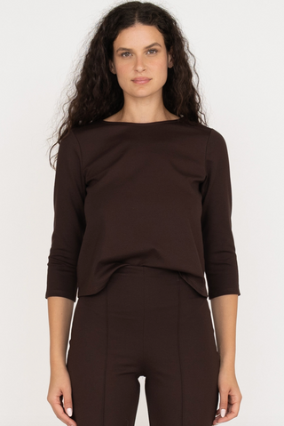 Ponte Knit Extended 3/4 Sleeve Top in Chocolate