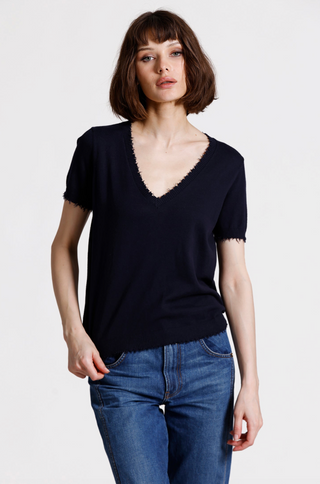 Cotton Cashmere Frayed V Neck Tee - Navy