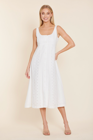 Linen Eyelet Long Dress in White
