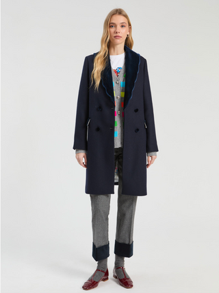 Long Coat with Velvet Accent Navy