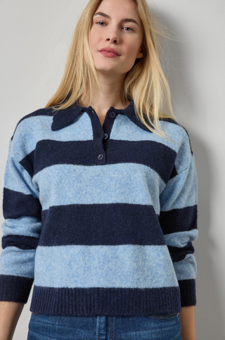 Striped Polo Sweater in Clearwater Stripe
