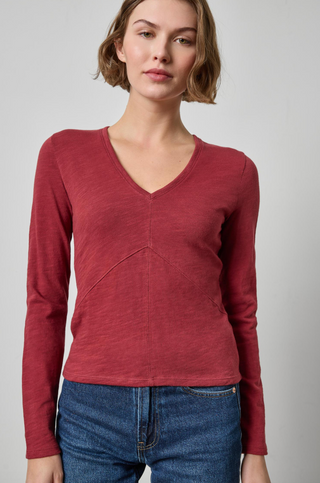 Vintage Long Sleeve Seamed V Neck in Cabernet