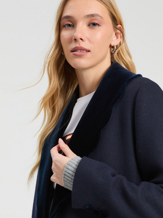 Long Coat with Velvet Accent Navy