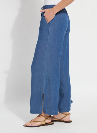 Lilia Drawstring Ankle Wide Leg Pant in Mid Wash