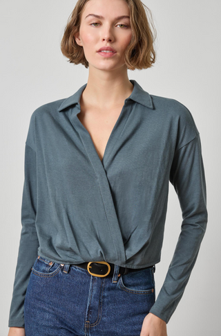 Faux Wrap Collared Top in Mineral