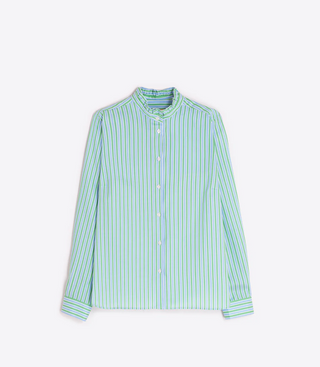 Ruffle neck button up in green & blue
