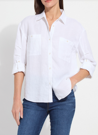 Rose Roll Tab Utility Linen Shirt in White
