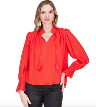 Split Ruffles Neck Top - Red