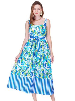 U-Neck Fitted Dress in Stripe & Bloom