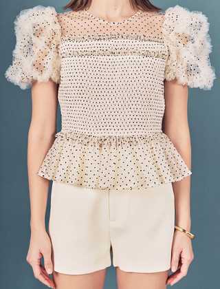 POLKA DOT PUFF SLEEVE PEPLUM TOP