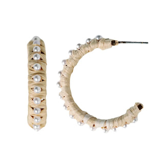 Natural Studded Pearl Raffia Hoops