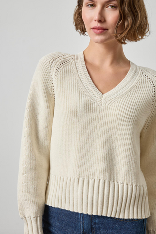 Textured V-Neck Saddle Sweater in Rope