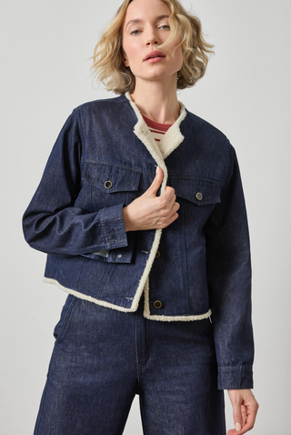 Sherpa Lined Jean Jacket in Dark Wash Blue