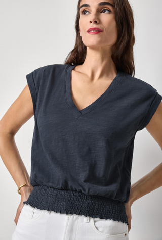Smocked Hem VNeck in Black