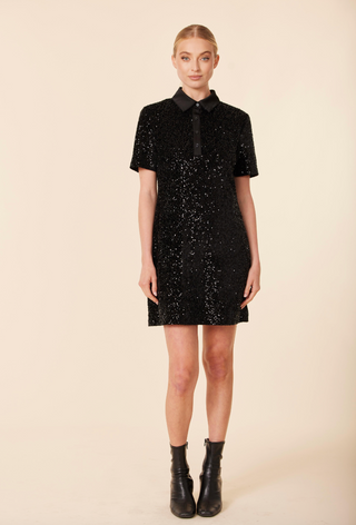 Sequin Polo Short Sleeve Dress - Black