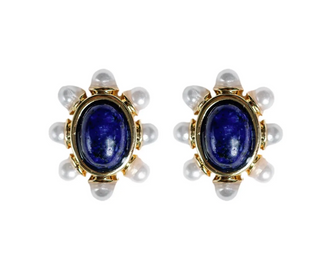 Blue Lapis & Pearl Oval Stud Earrings
