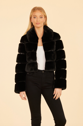 Paneled Faux Fur Cropped Jacket in Black