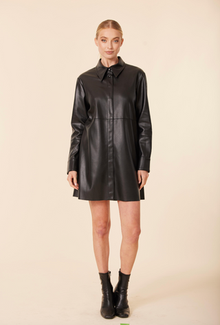 Vegan Leather Shirt Dress - Black