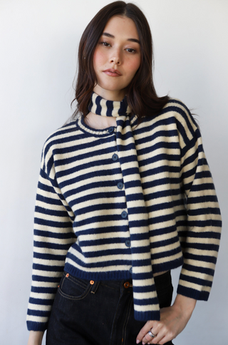 Jane Cardi W/ Scarf in Navy/Creme Stripe