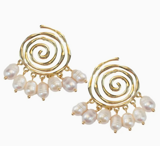 Golden Swirl Genuine Pearl Drop Statement Earrings